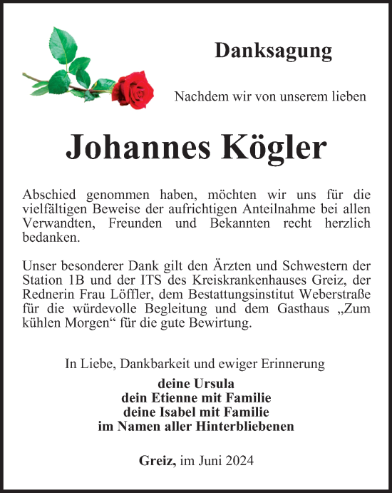 Traueranzeige von Johannes Kögler von Ostthüringer Zeitung
