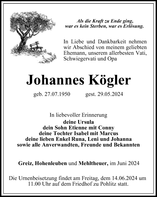 Traueranzeige von Johannes Kögler von Ostthüringer Zeitung
