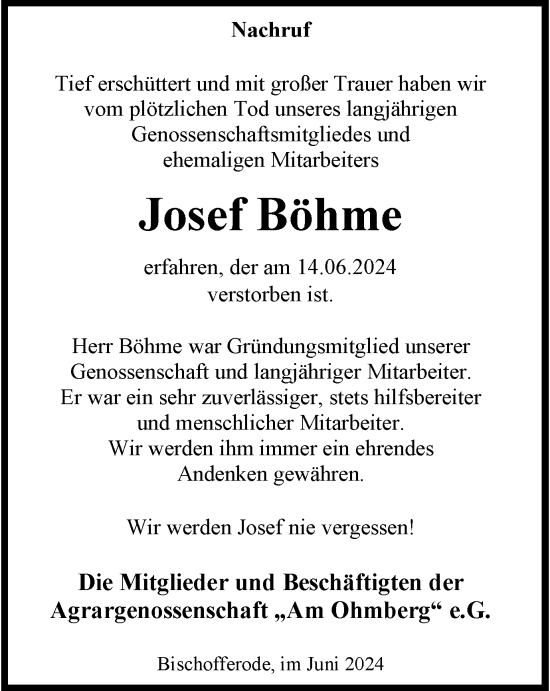 Traueranzeige von Josef Böhme von Thüringer Allgemeine