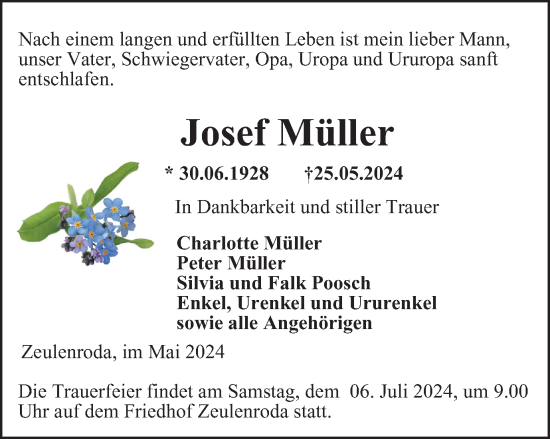 Traueranzeige von Josef Müller von Ostthüringer Zeitung