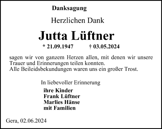 Traueranzeige von Jutta Lüftner von Ostthüringer Zeitung