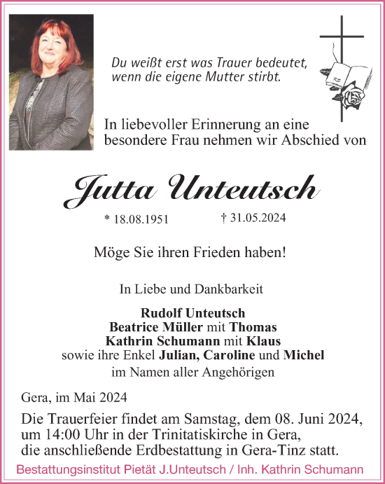 Traueranzeige von Jutta Unteutsch von Ostthüringer Zeitung