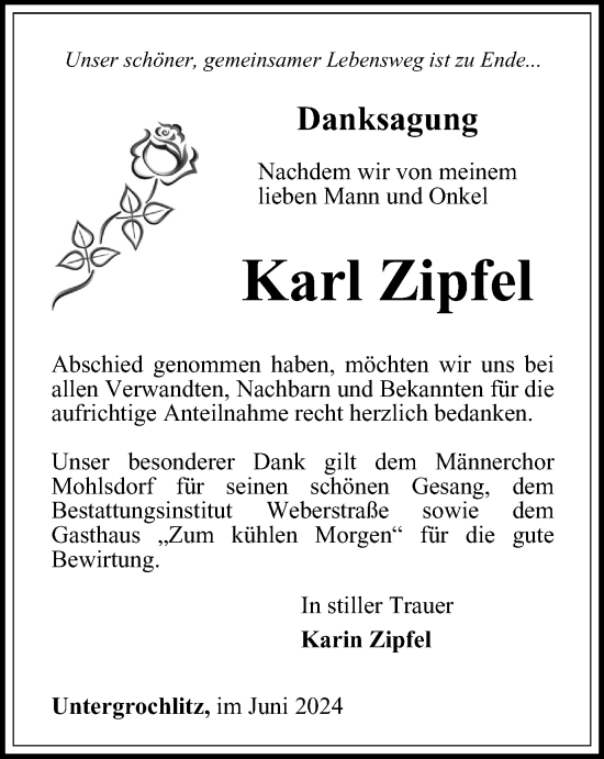 Traueranzeige von Karl Zipfel von Ostthüringer Zeitung