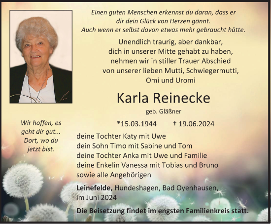 Traueranzeige von Karla Reinecke von Thüringer Allgemeine