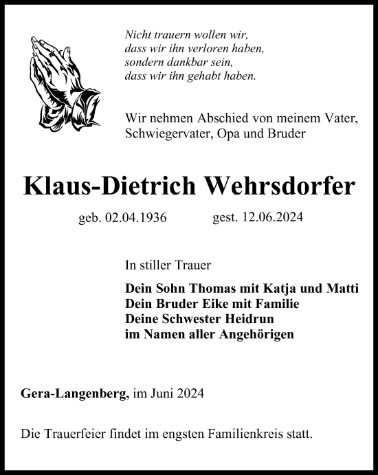 Traueranzeige von Klaus-Dietrich Wehrsdorfer von Ostthüringer Zeitung