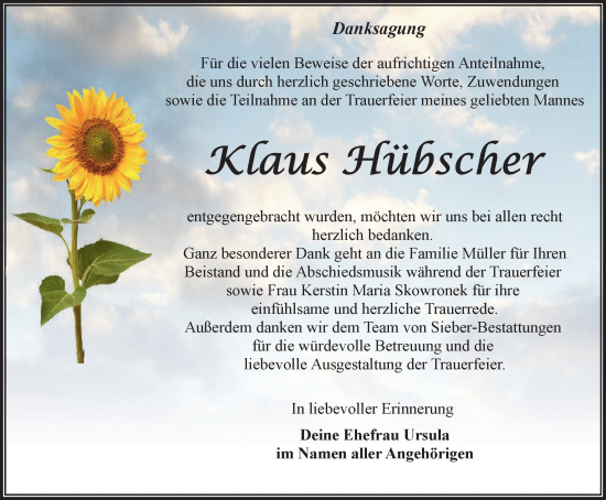 Traueranzeige von Klaus Hübscher von Ostthüringer Zeitung, Thüringische Landeszeitung