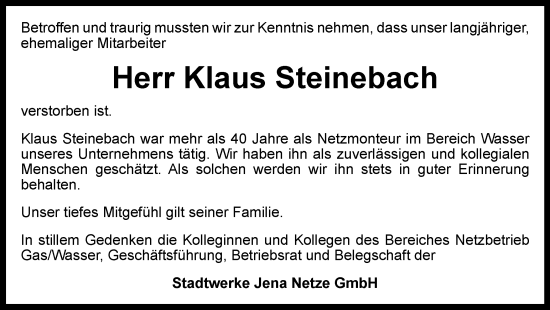 Traueranzeige von Klaus Steinebach von Ostthüringer Zeitung, Thüringische Landeszeitung