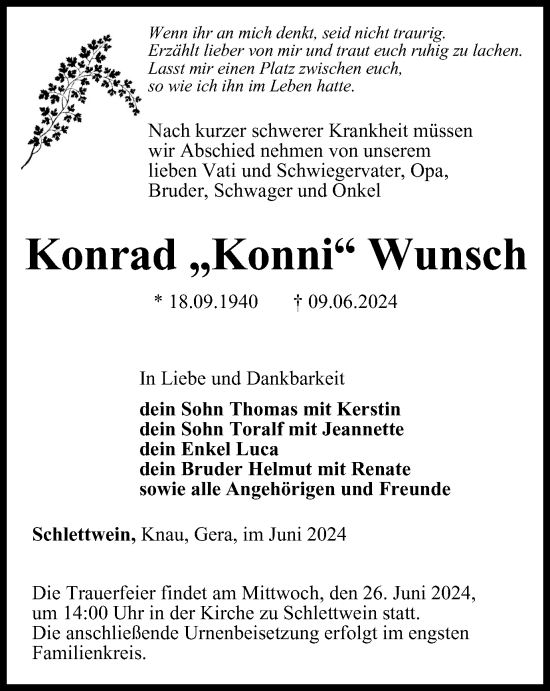 Traueranzeige von Konrad  Wunsch von Ostthüringer Zeitung