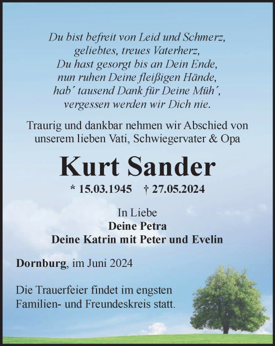 Traueranzeige von Kurt Sander von Ostthüringer Zeitung, Thüringische Landeszeitung