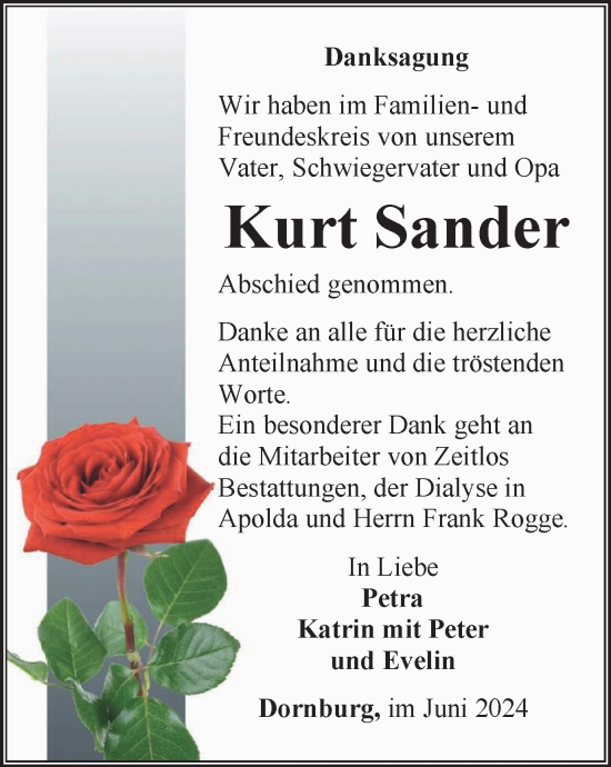 Traueranzeige von Kurt Sander von Ostthüringer Zeitung, Thüringische Landeszeitung