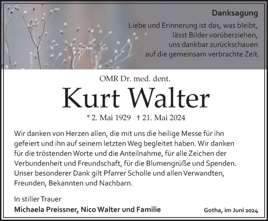Traueranzeige von Kurt Walter von Thüringer Allgemeine, Thüringische Landeszeitung