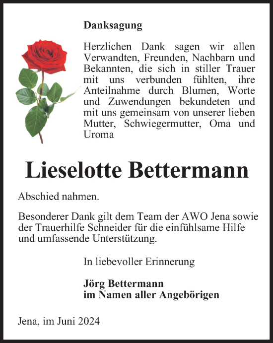 Traueranzeige von Lieselotte Bettermann von Ostthüringer Zeitung, Thüringische Landeszeitung