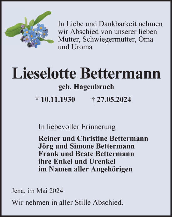 Traueranzeige von Lieselotte Bettermann von Ostthüringer Zeitung, Thüringische Landeszeitung