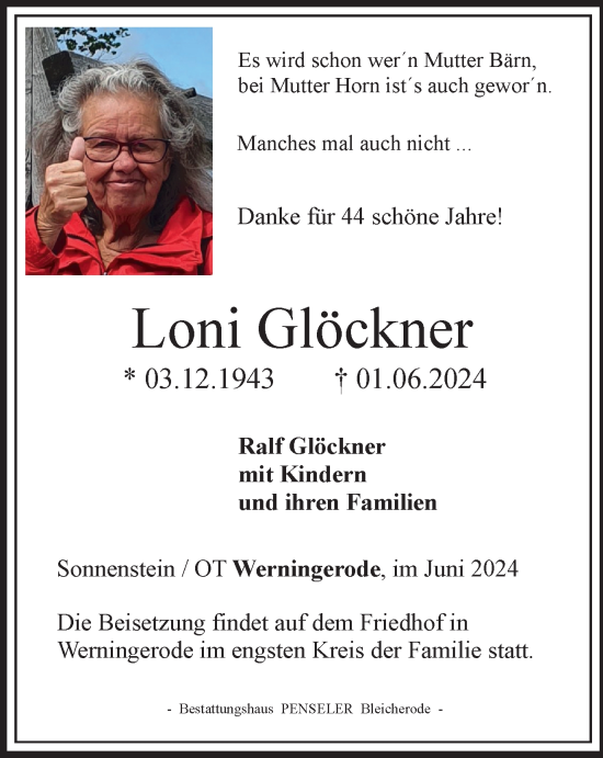 Traueranzeige von Loni Glöckner von Thüringer Allgemeine