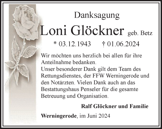 Traueranzeige von Loni Glöckner von Thüringer Allgemeine