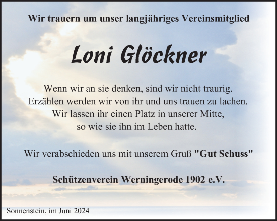 Traueranzeige von Loni Glöckner von Thüringer Allgemeine