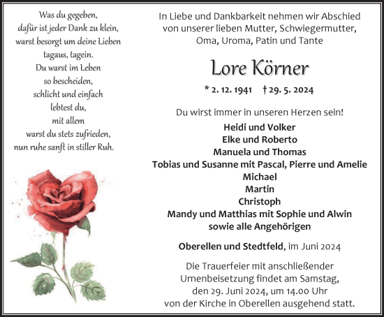 Traueranzeige von Lore Körner von Thüringer Allgemeine, Thüringische Landeszeitung