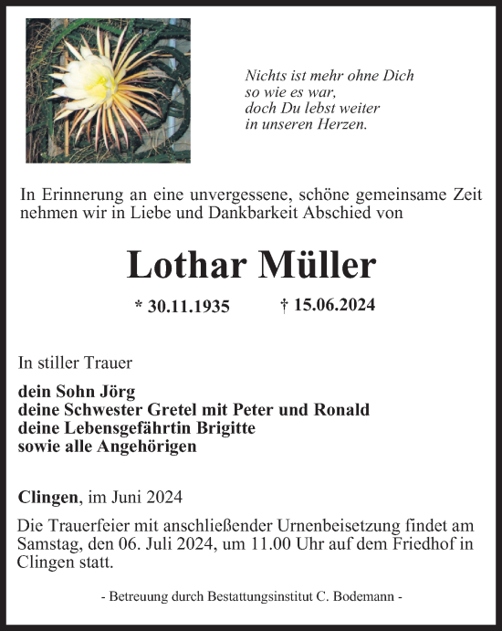 Traueranzeige von Lothar Müller