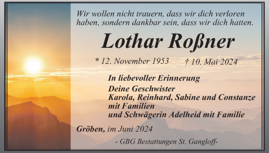 Traueranzeige von Lothar Roßner von Ostthüringer Zeitung