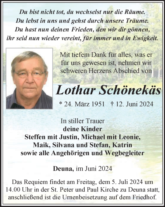 Traueranzeige von Lothar Schönekäs von Thüringer Allgemeine