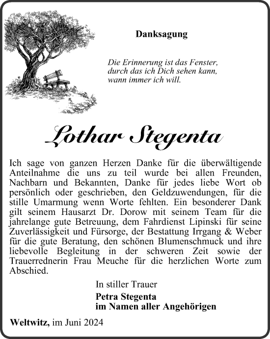 Traueranzeige von Lothar Stegenta von Ostthüringer Zeitung