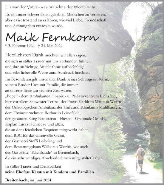 Traueranzeige von Maik Fernkorn von Thüringer Allgemeine