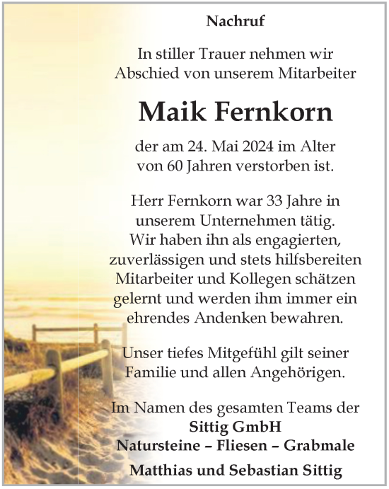 Traueranzeige von Maik Fernkorn von Thüringer Allgemeine