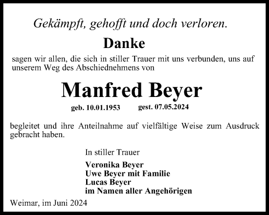 Traueranzeige von Manfred Beyer von Thüringer Allgemeine, Thüringische Landeszeitung