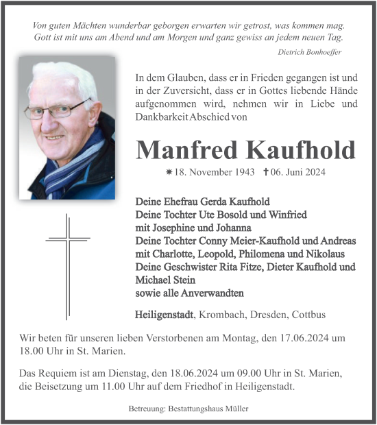 Traueranzeige von Manfred Kaufhold von Thüringer Allgemeine