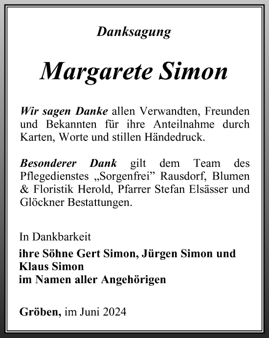 Traueranzeige von Margarete Simon von Ostthüringer Zeitung