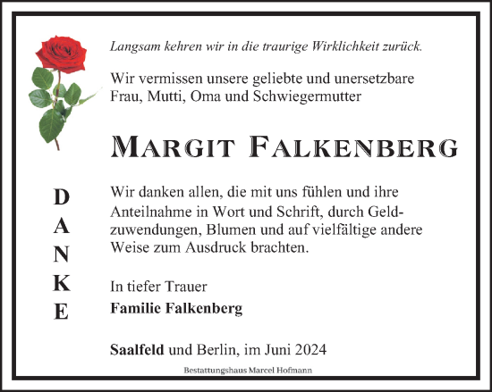 Traueranzeige von Margit Falkenberg von Ostthüringer Zeitung