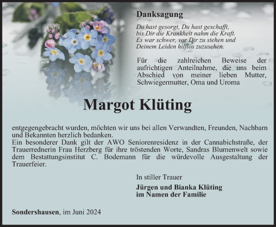 Traueranzeige von Margot Klüting von Thüringer Allgemeine