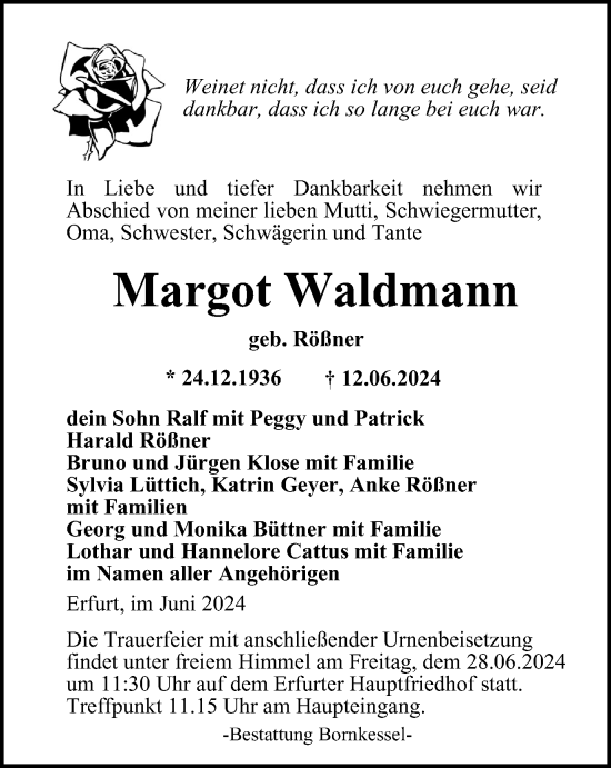 Traueranzeige von Margot Waldmann