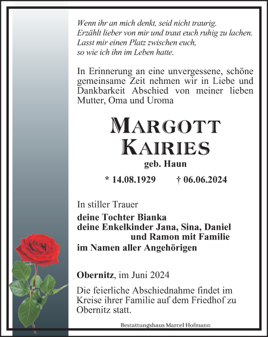 Traueranzeige von Margott Kairies von Ostthüringer Zeitung