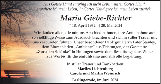 Traueranzeige von Maria Giebe-Richter von Thüringer Allgemeine