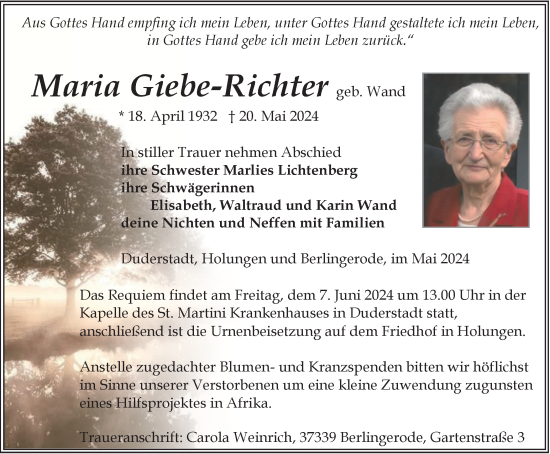 Traueranzeige von Maria Giebe-Richter von Thüringer Allgemeine