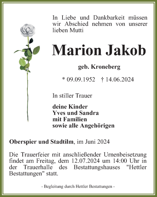 Traueranzeige von Mariona Jakob von Thüringer Allgemeine