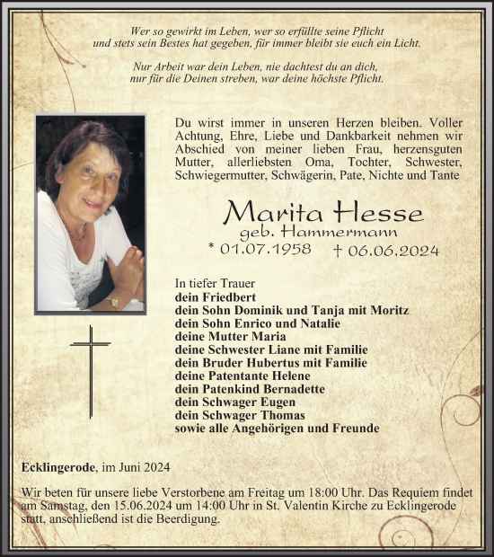 Traueranzeige von Marita Hesse von Thüringer Allgemeine