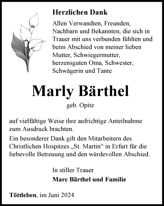 Traueranzeige von Marly Bärthel von Thüringer Allgemeine, Thüringische Landeszeitung