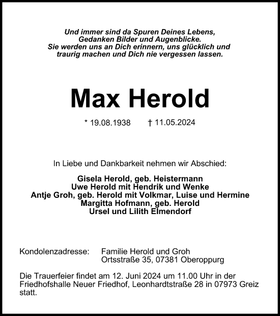 Traueranzeige von Max Herold