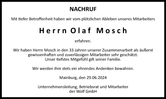 Traueranzeige von Olaf Mosch von Ostthüringer Zeitung