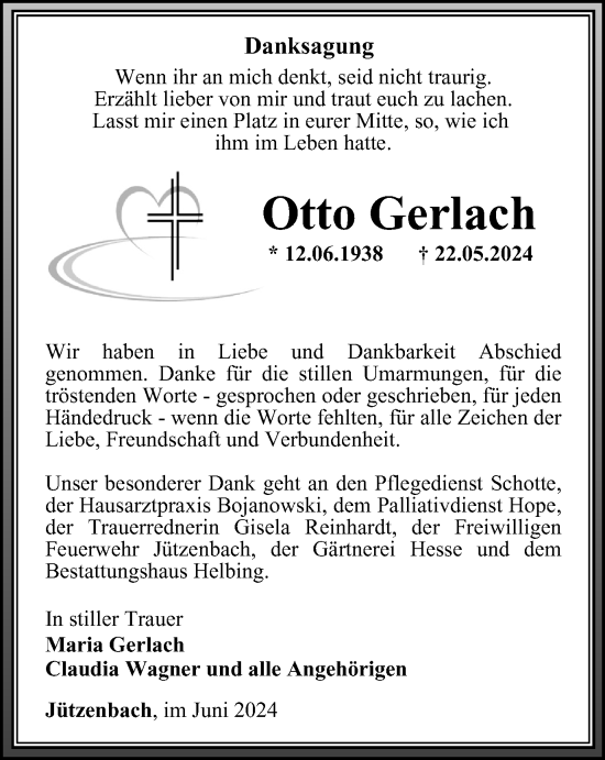 Traueranzeige von Otto Gerlach von Thüringer Allgemeine