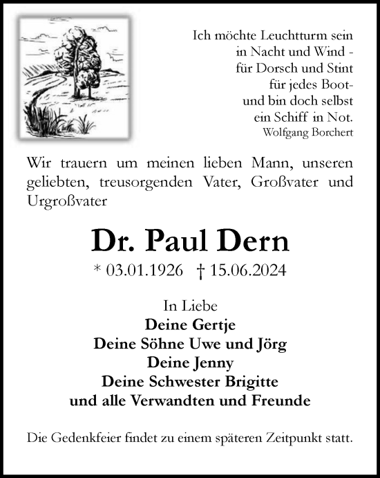 Traueranzeige von Paul Dern von Ostthüringer Zeitung, Thüringische Landeszeitung