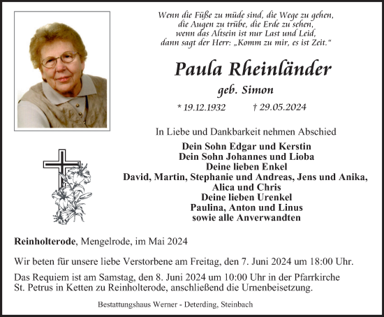 Traueranzeige von Paula Rheinländer von Thüringer Allgemeine