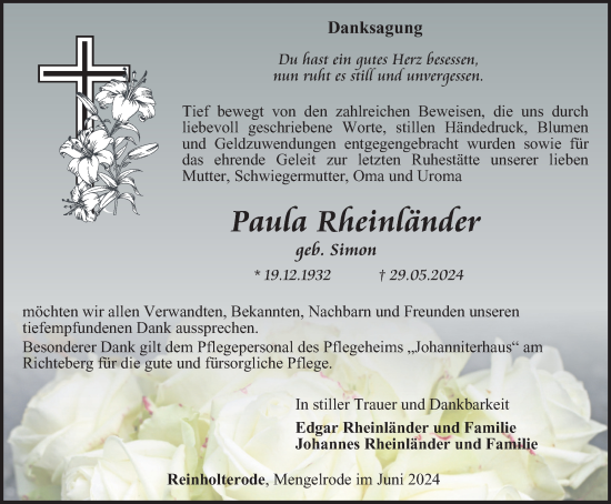 Traueranzeige von Paula Rheinländer von Thüringer Allgemeine