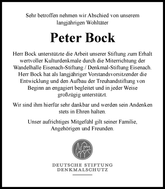 Traueranzeige von Peter Bock von Thüringer Allgemeine, Thüringische Landeszeitung