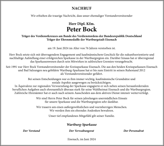 Traueranzeige von Peter Bock von Thüringer Allgemeine, Thüringische Landeszeitung