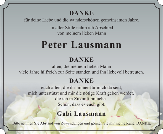Traueranzeige von Peter Lausmann von Ostthüringer Zeitung