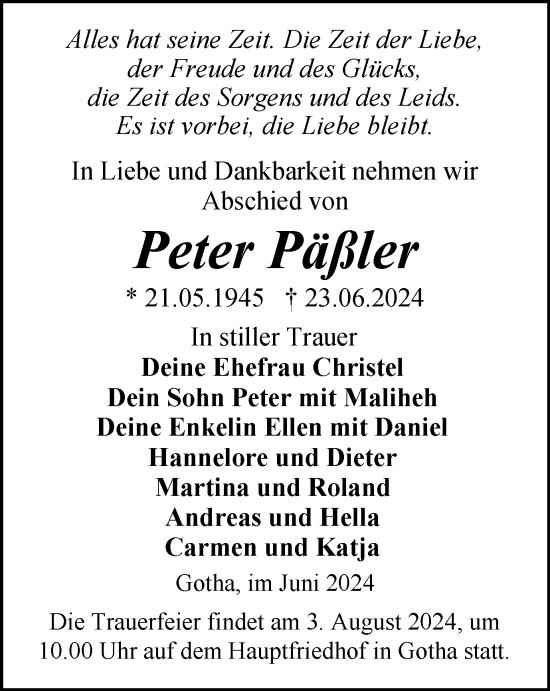 Traueranzeige von Peter Päßler von Thüringer Allgemeine, Thüringische Landeszeitung