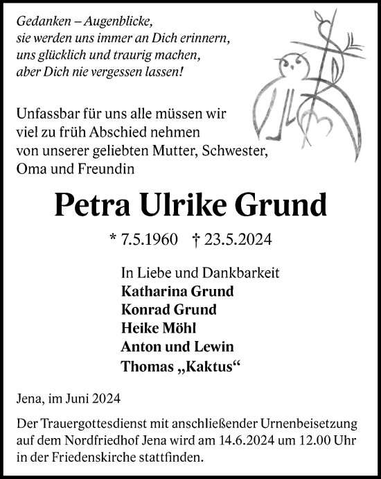 Traueranzeige von Petra Ulrike Grund von Ostthüringer Zeitung, Thüringische Landeszeitung